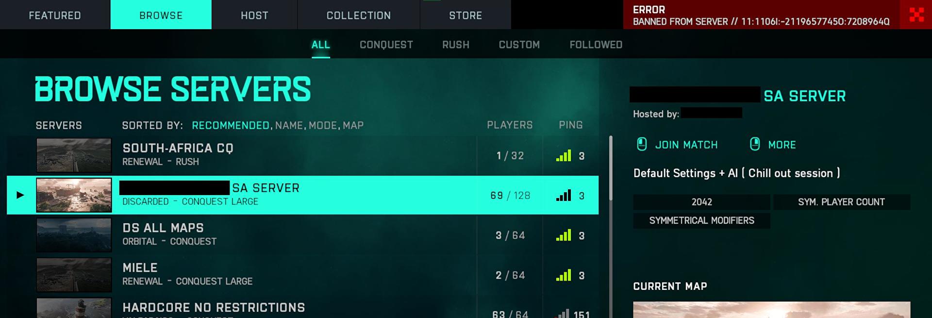battlefield 2042 south africa server admin conquest mode banned kicked bans kicks players griefer