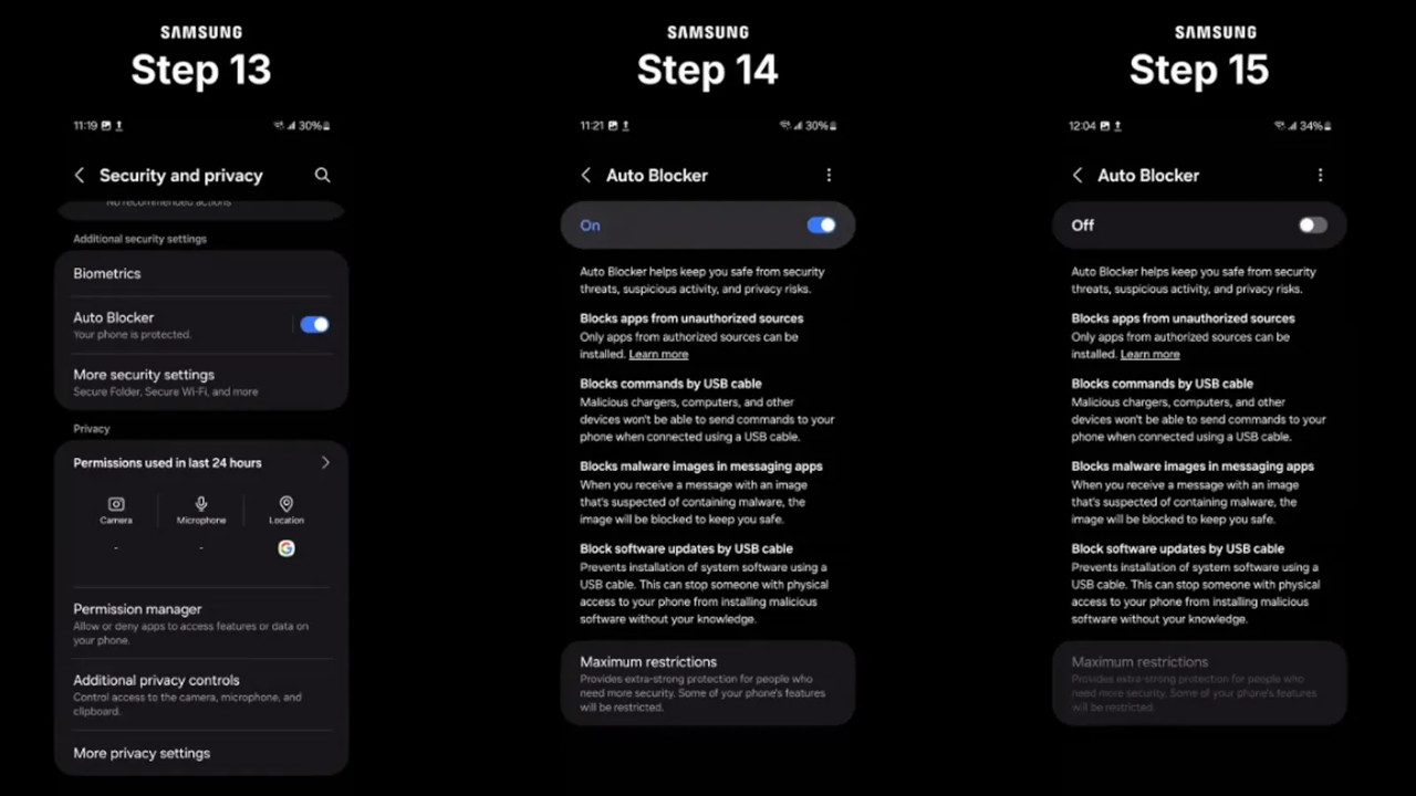 epic games slideshow showing steps to install on samsung devices including switching off auto blocker