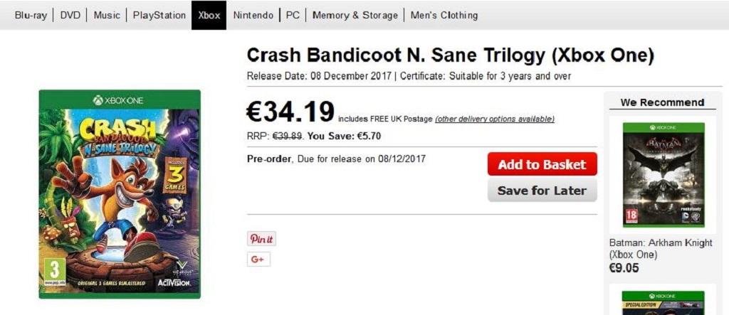 crash bandicoot nsane trilogy xboxone release date