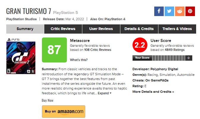 gran turismo 7 user score 2.2 servers issues